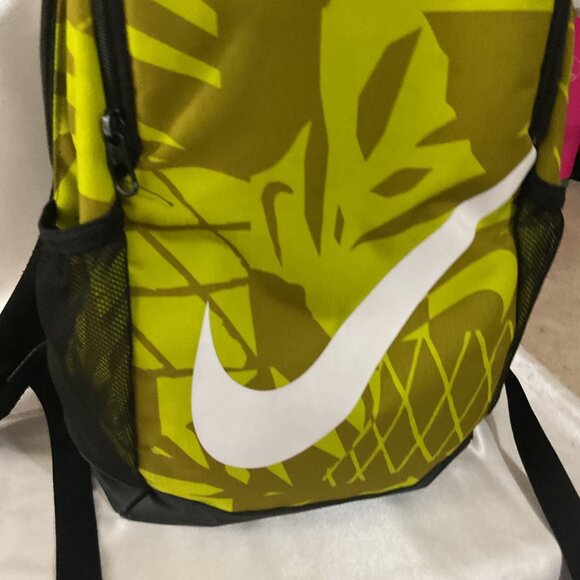 Used Nike Lime Green Print Backpack With White Swoosh Logo Mesh Side Pockets Pad - Picture 5 of 8